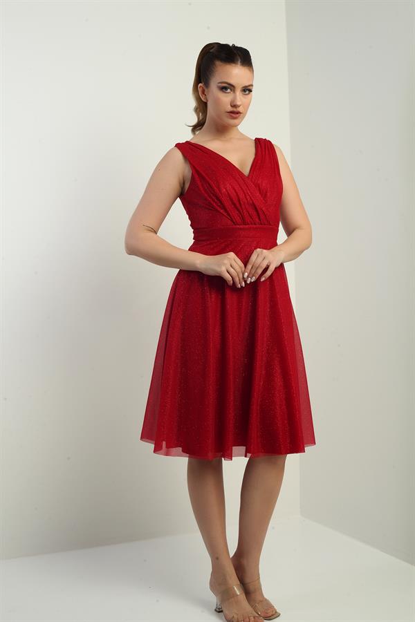 Women's Wrap Neckline Lined Flared Glittery Short Dress