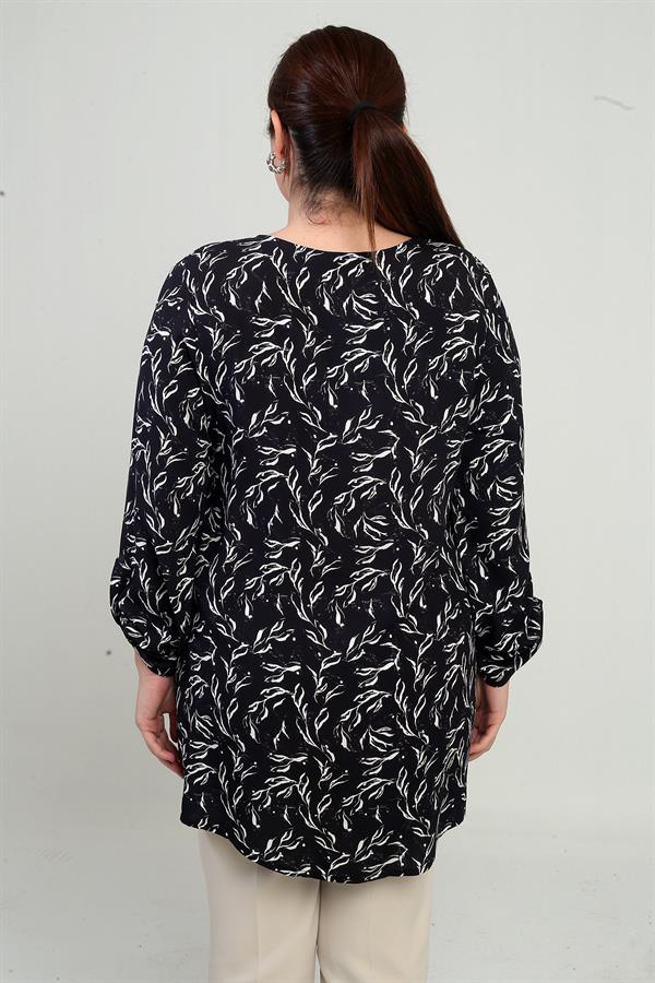 Chemise longue grande taille à col rond et manches repliées à motif de feuilles pour femme