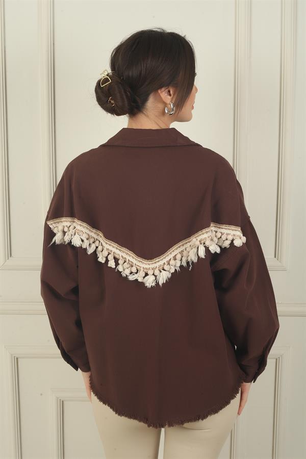 Kadın Arkası Etnik Şeritli Püsküllü Önü Metal Düğmeli Tek Cepli Gömlek