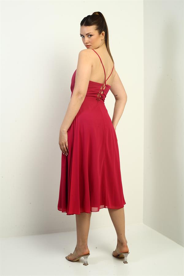 Women's Strappy Wrap Neckline Lined Lace-Up Back Flared Chiffon Dress