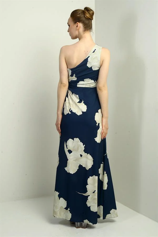 Women's One Shoulder Side Window Large Leaf Patterned Long Crepe Satin Dress