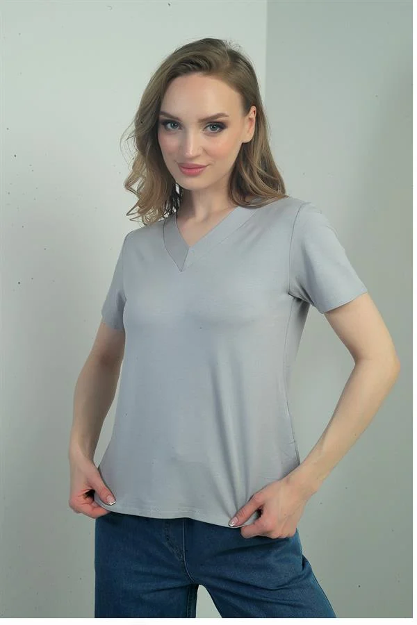 Chemisier à manches courtes et col en V pour femme avec fente