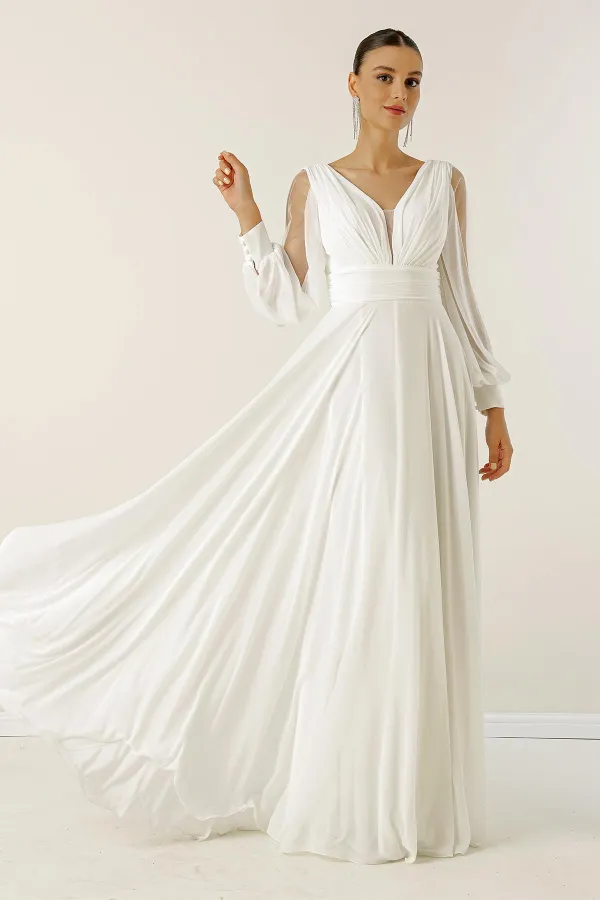 Front Back V Neck Draped Front Sleeves Tulle Lined Wide Body Long Chiffon Dress
