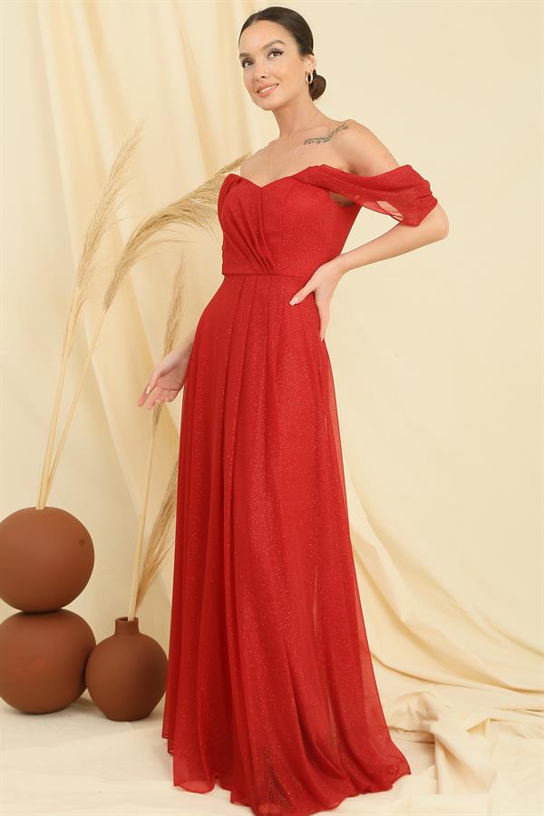 Low-Sleeved, Lined, Pleated Skirt, Glittery Long Tulle Dress