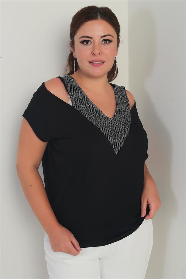 Kadın Ön Arka V Fileli Omuz Dekolteli Likralı Büyük Beden Bluz