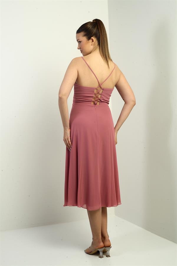 Women's Strappy Wrap Neckline Lined Lace-Up Back Flared Chiffon Dress