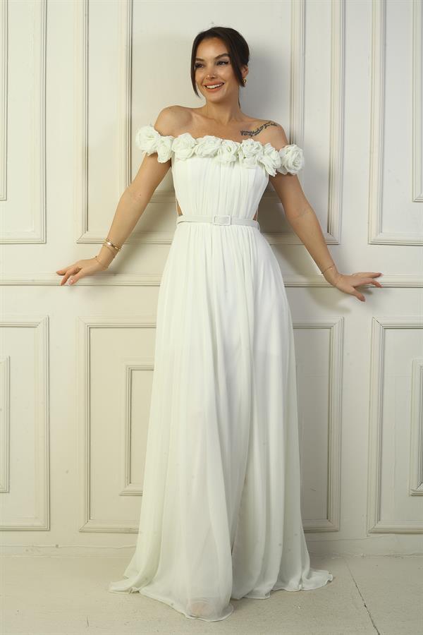 Robe longue en mousseline pour femme, ornée d'un décolleté floral découpé au laser, doublée et ceinturée à la taille.