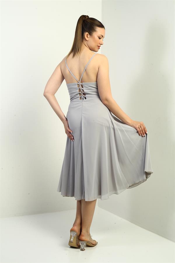 Women's Strappy Wrap Neckline Lined Lace-Up Back Flared Chiffon Dress