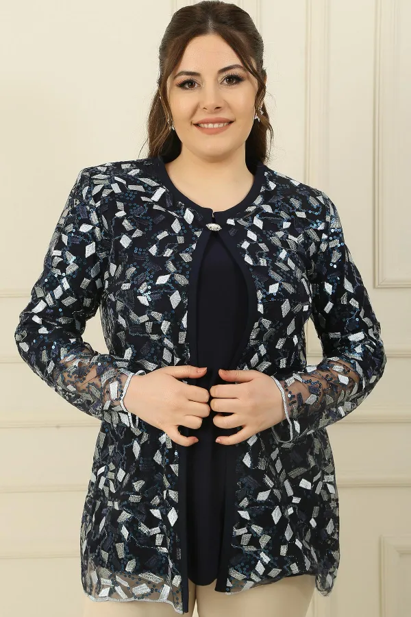 İçi Kollu Bluz Fırça Desen Nakış İşlemeli Ceket B.B 2'li Takım