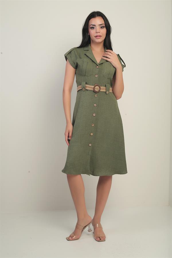 Women's Collared, Off-Shoulder, Double-Pocket, Belted Linen-Effect Dress