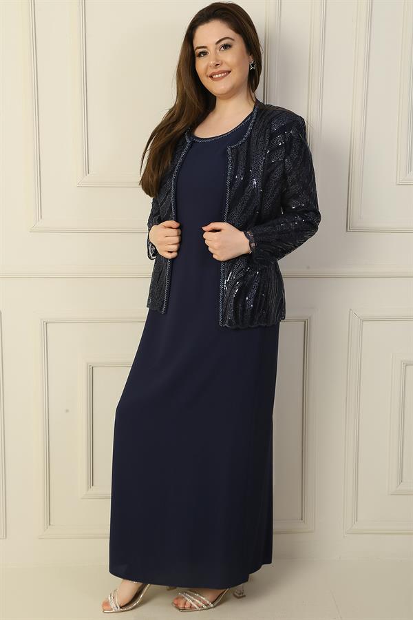 Robe longue à manches demi-lune avec veste en tulle brodée de perles et de sequins, doublée, ensemble deux pièces grande taille