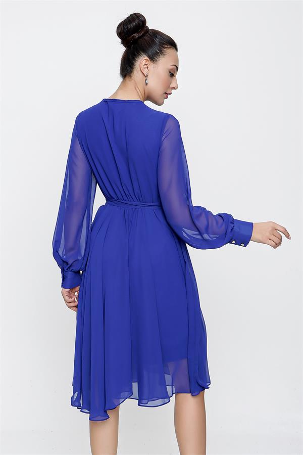 Kruvaze Yaka Uzun Kollu Astarlı Şifon Elbise