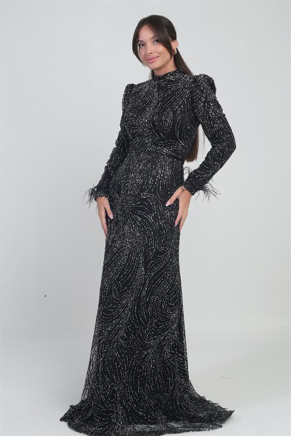 Robe longue en tulle pour femme avec doublure ornée de plumes, de perles et de sequins