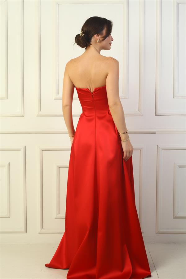 Women's Strapless Lined Long Satin Evening Dress with Pockets