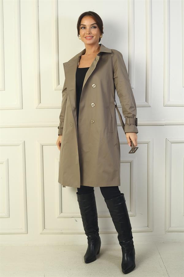Women's Trench Coat with Belted Waist and Sleeves, Button-Front and Pockets