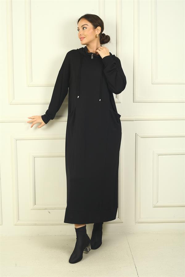 Women's Oysho Long Dress with Collar Zipper, Hood, and Patch Pockets, Relaxed Fit.