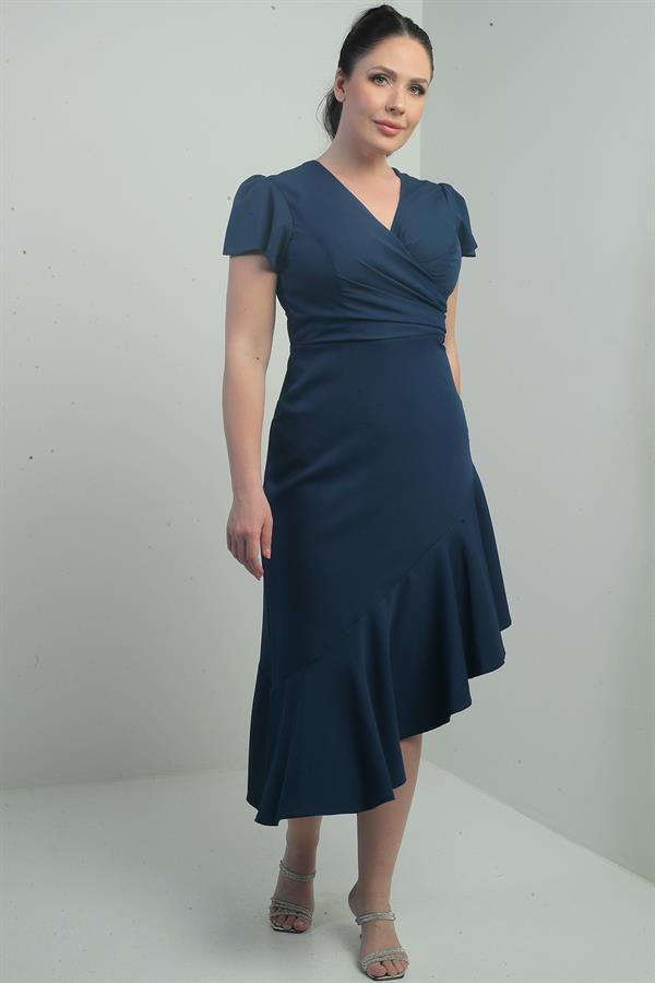 Robe en crêpe grande taille pour femme, décolleté cache-cœur, jupe à volants doublée et drapée sur le devant