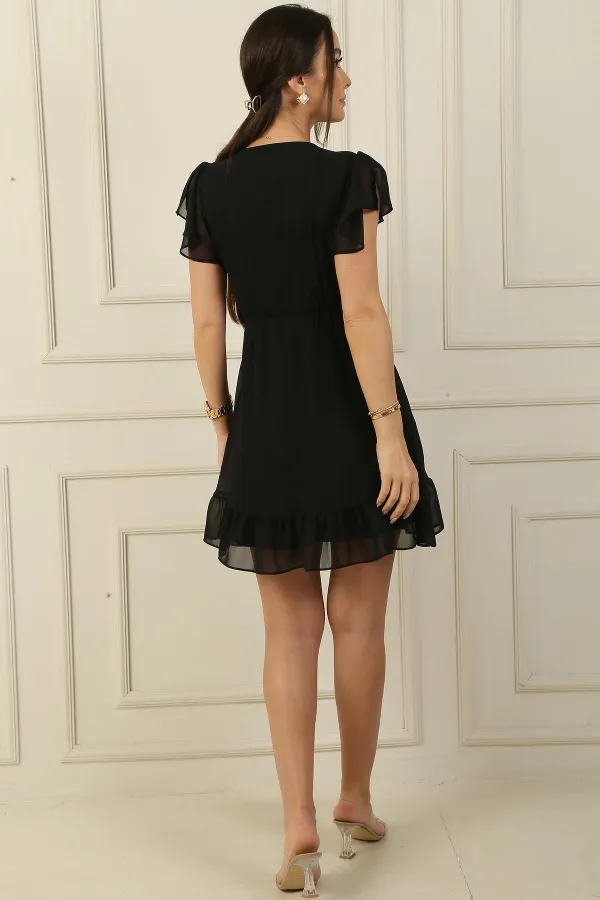 Double-breasted collar, flounce sleeves and skirt, lace-up waist, lined chiffon dress