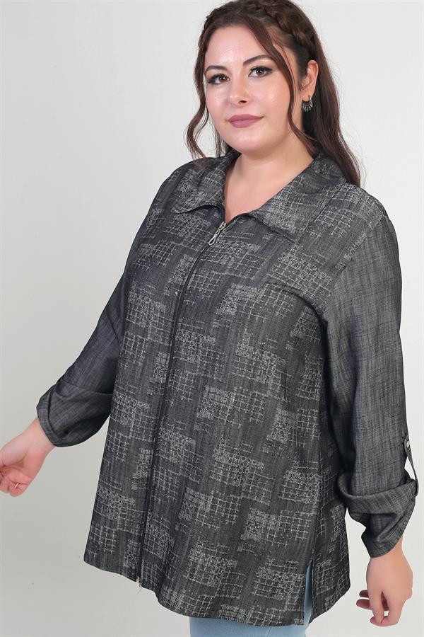 Kadın Kol Katlamalı Önü Fermuarlı Büyük Beden Ceket