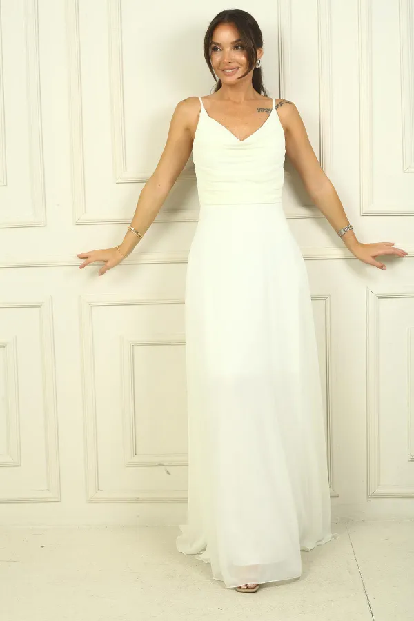 Robe longue en mousseline doublée à bretelles et drapée pour femme