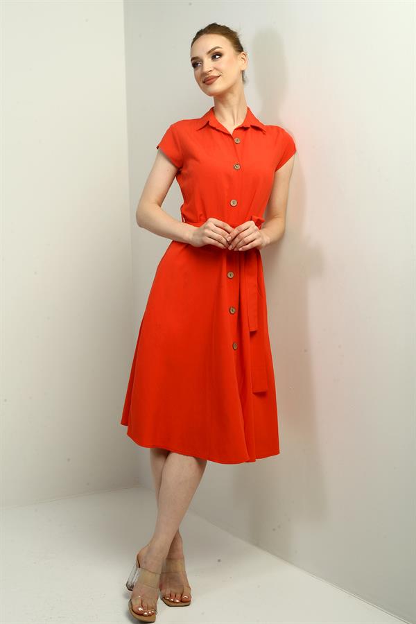Women's Button-Front Belted Shirt Collar Short-Sleeve Dress