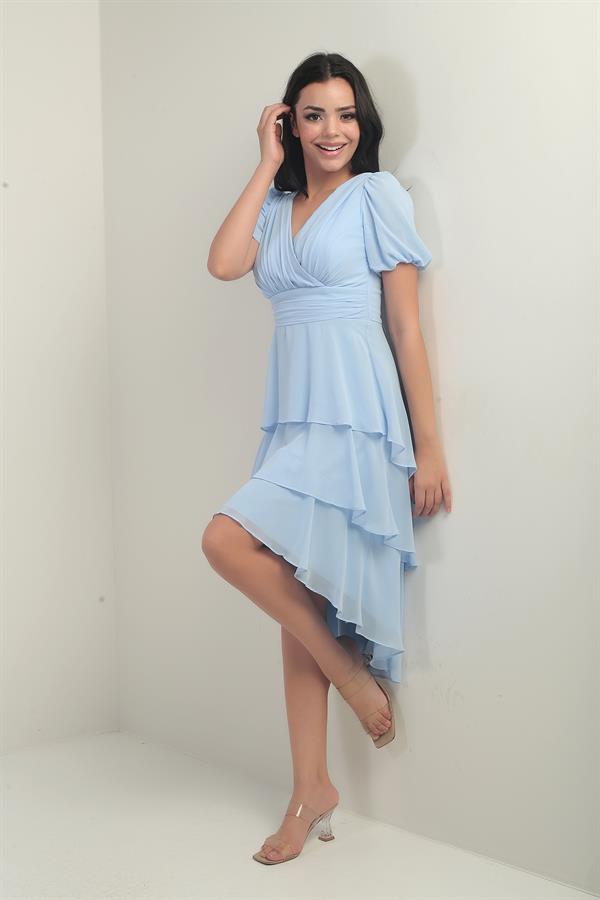 Kadın Kruvaze Yaka Arkası Fermuarlı Katkat Pileli Şifon Elbise