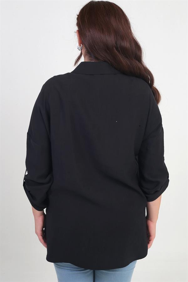 Chemise grande taille pour femme avec fentes latérales, applications florales et manches repliées