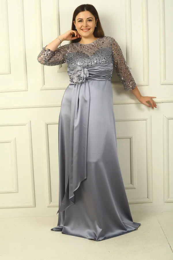 Kadın Çiçekli Altı Saten Üstü Gritel Astarlı Büyük Beden Uzun Elbise