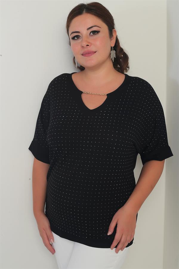 Kadın Yakası Zincirli Kısa Yarasa Kollu Taşlı Likralı Büyük Beden Bluz