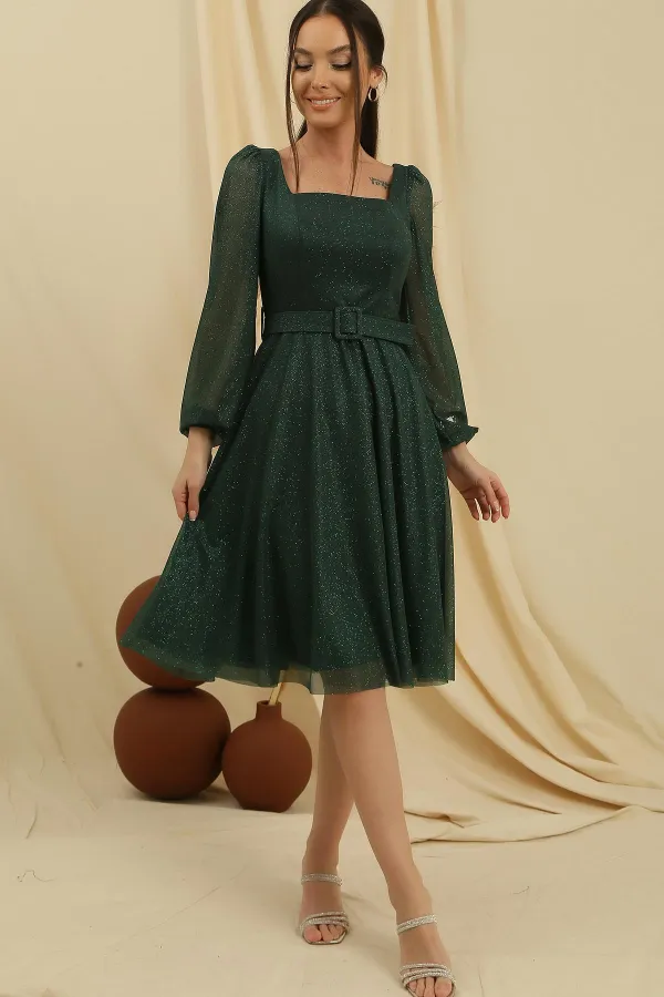 Square Neck Belted Balloon Sleeve Lined Glittery Dress