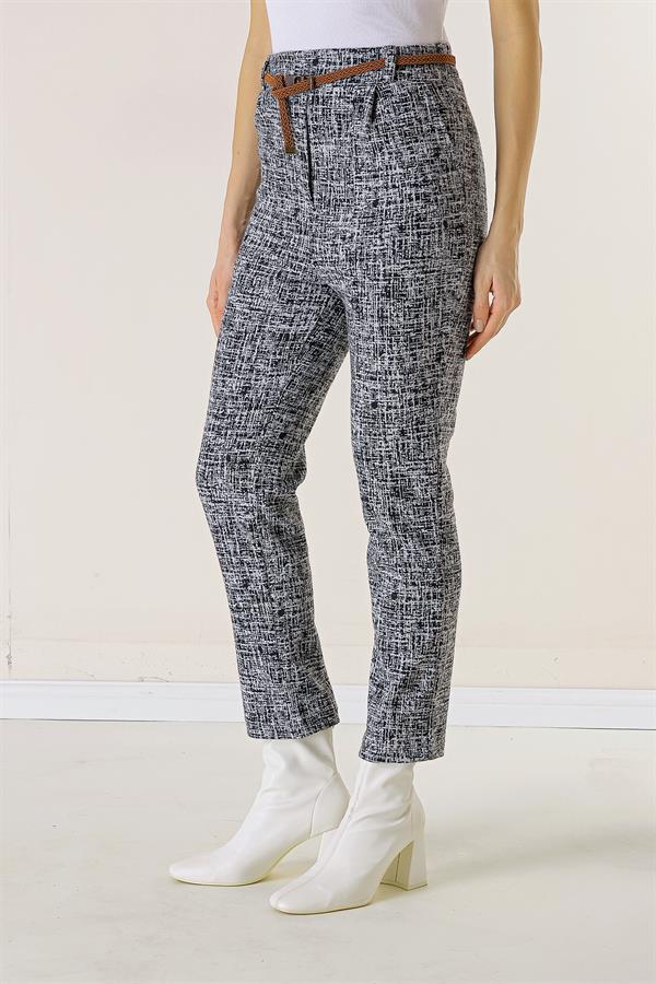 Beli Lastikli Kemerli Yandan Cepli Cam Kırığı Desen Dar Paça Pantolon