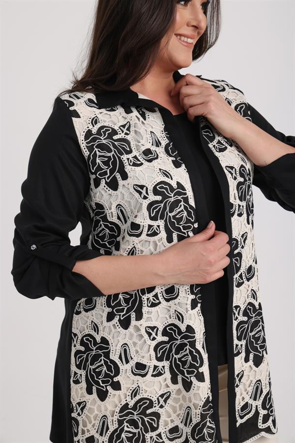 Ensemble 2 pièces pour femme : chemisier sans manches en lycra et veste en dentelle à manches repliées, grandes tailles.