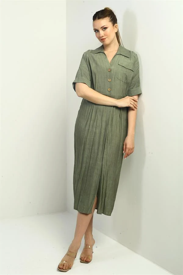 Women's Single Pocket Half-Buttoned Gradient Dress with Front Slit