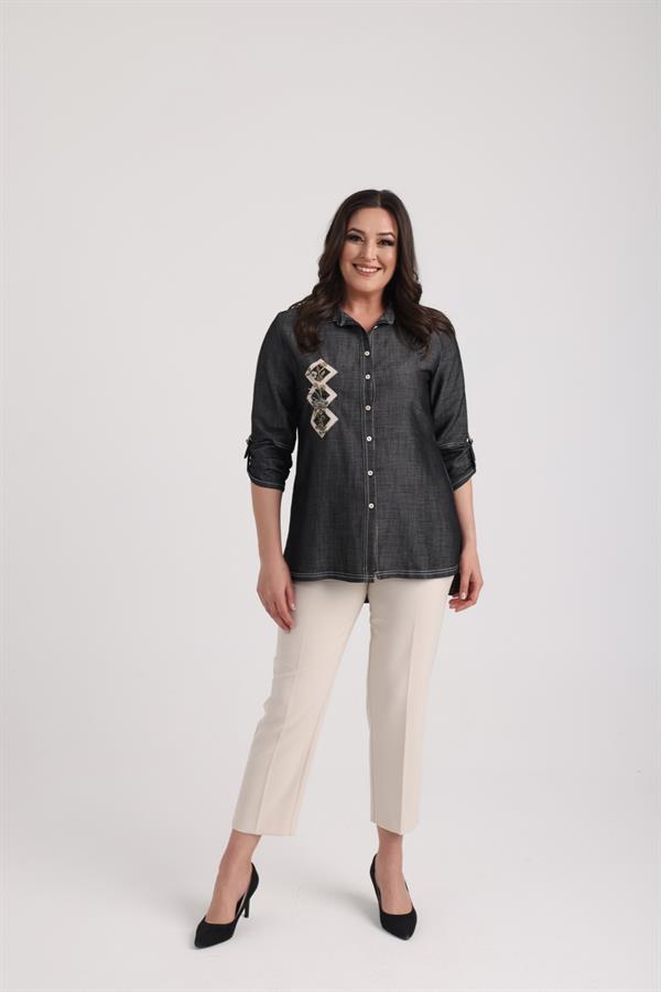 Women's Plus Size Lyocell Shirt with Embroidered Appliqué Front and D-Buckle