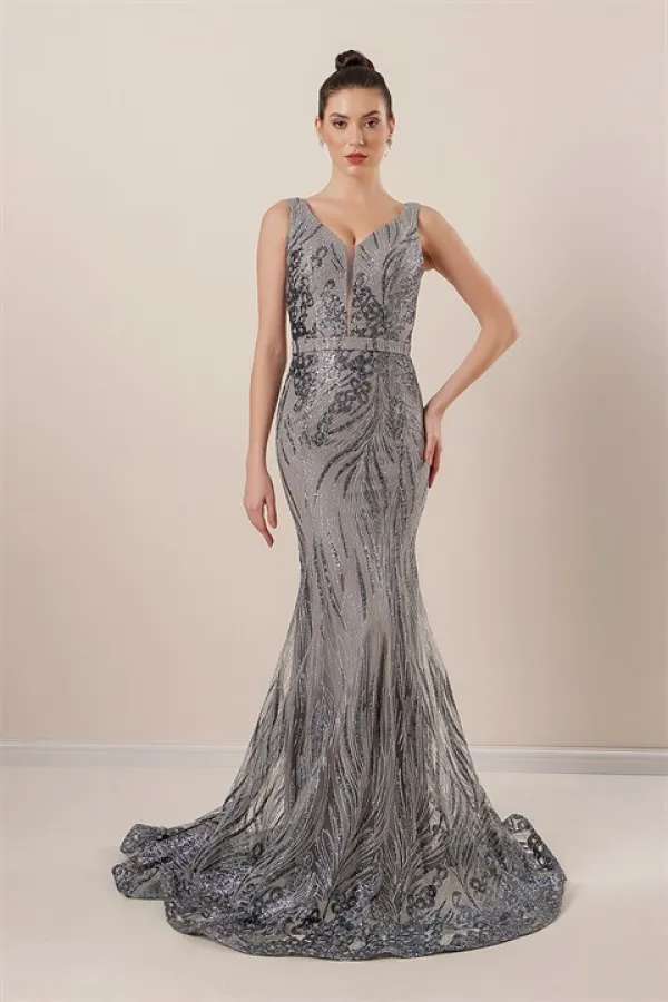 Thick Strap Ghost Tulle Lined Glittery Long Dress