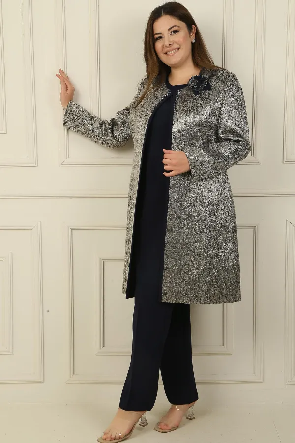 Sleeveless Blouse with Side Slits, Beaded Detail, Lined Long Jacquard Jacket and Trousers, Plus Size 3-Piece Set