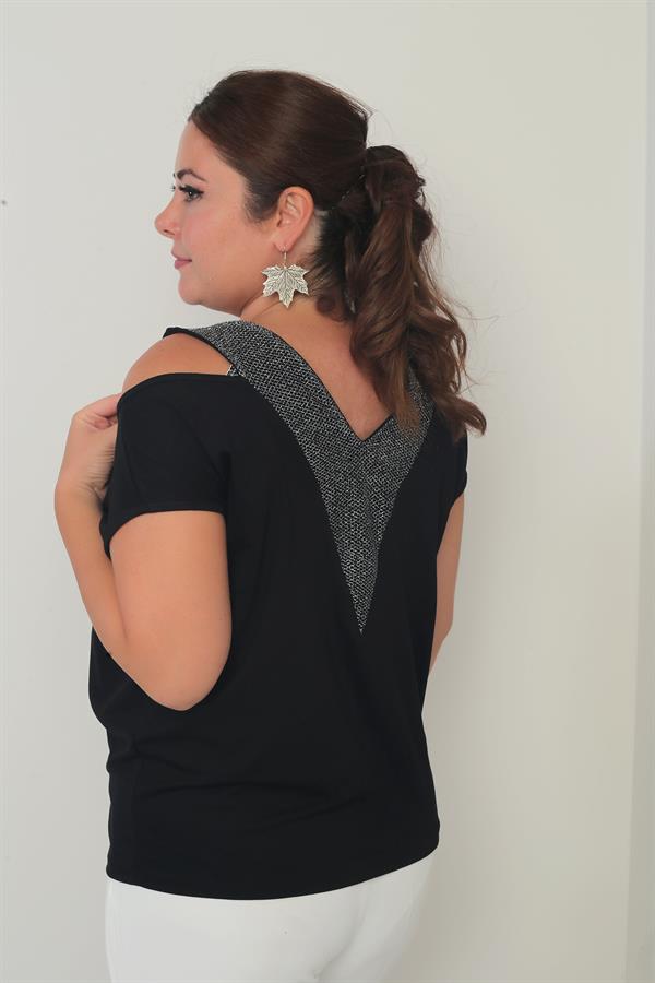 Kadın Ön Arka V Fileli Omuz Dekolteli Likralı Büyük Beden Bluz
