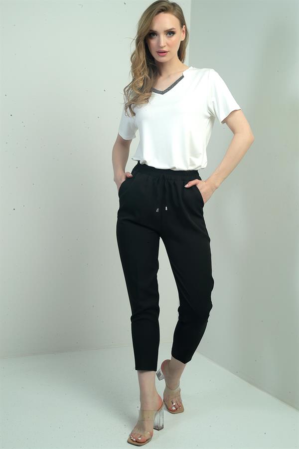 Kadın Beli Lastikli Yandan Cepli Havuç Paça Pantolon