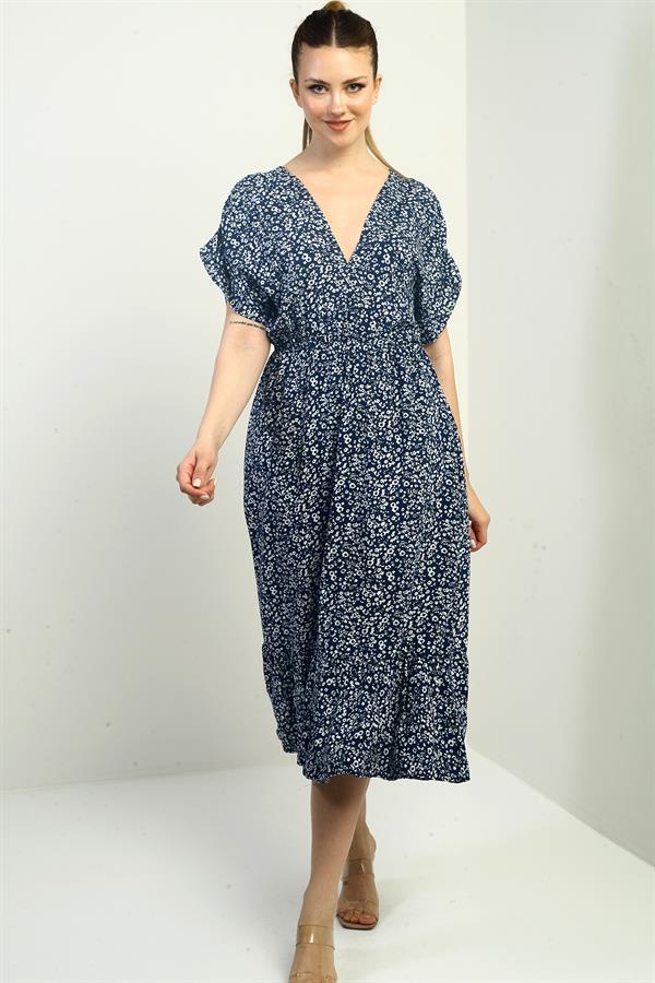 Kadın Ön Arka V Yaka Yarasa Kollu Mini Çiçekli Cepli Fırfırlı Elbise