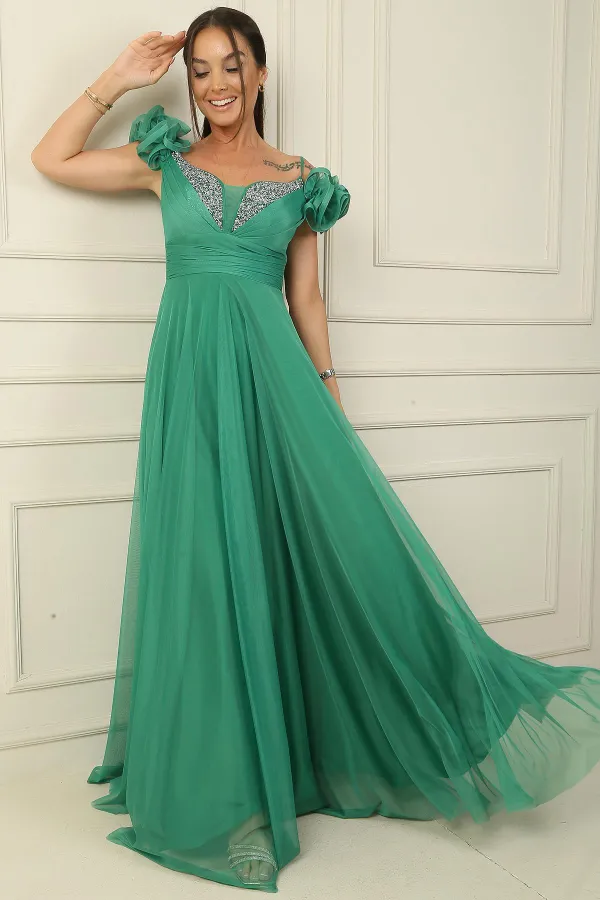 Ön Arka V Yaka İp Askılı Kısa Kollu Önü Taşlı Astarlı Uzun Tül Elbise