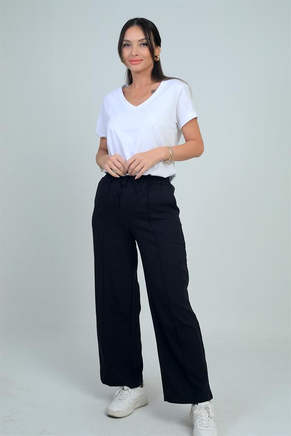Women's Palazzo Pants with Elastic Waist, Drawstring, and Side Pockets