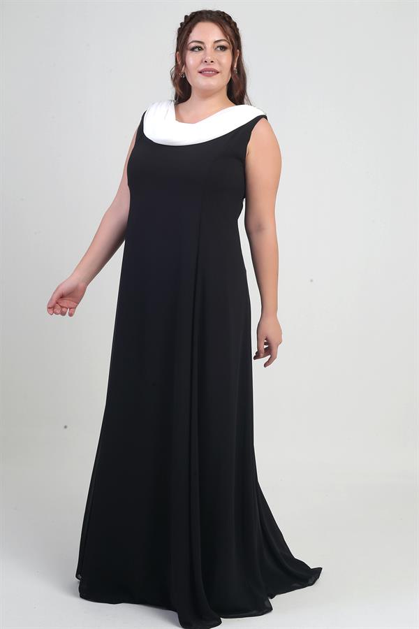 Kadın Degaje Yaka Arkası Taş Detaylı Volanlı Astarlı Büyük Beden Uzun Şifon Elbise