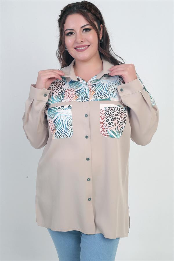 Chemise à manches tombantes et double poche à motifs pour femme, grandes tailles