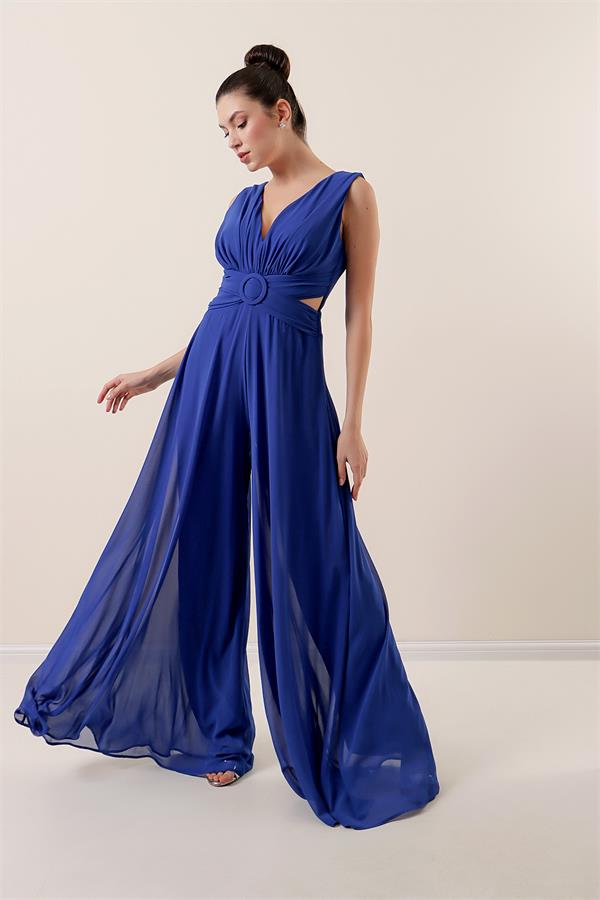 Waist-detailed, front and back V-neck, lined chiffon jumpsuit.