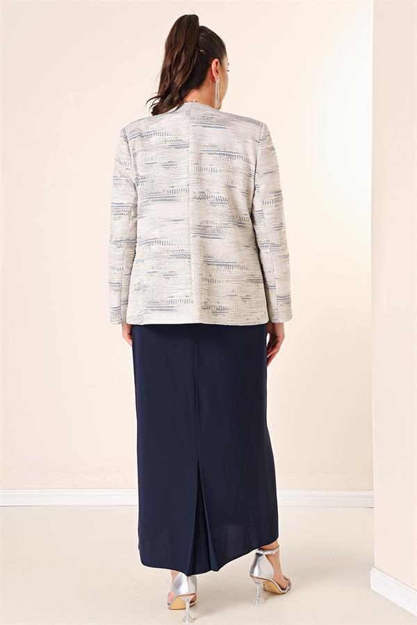 Kolsuz Uzun Elbise Taş Detaylı Jakarlı Büyük Beden Astarlı 2'li Takım