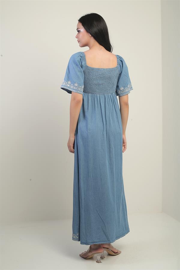 Women's Pentagon Neckline Button Detail Back Embroidered Long Denim Dress