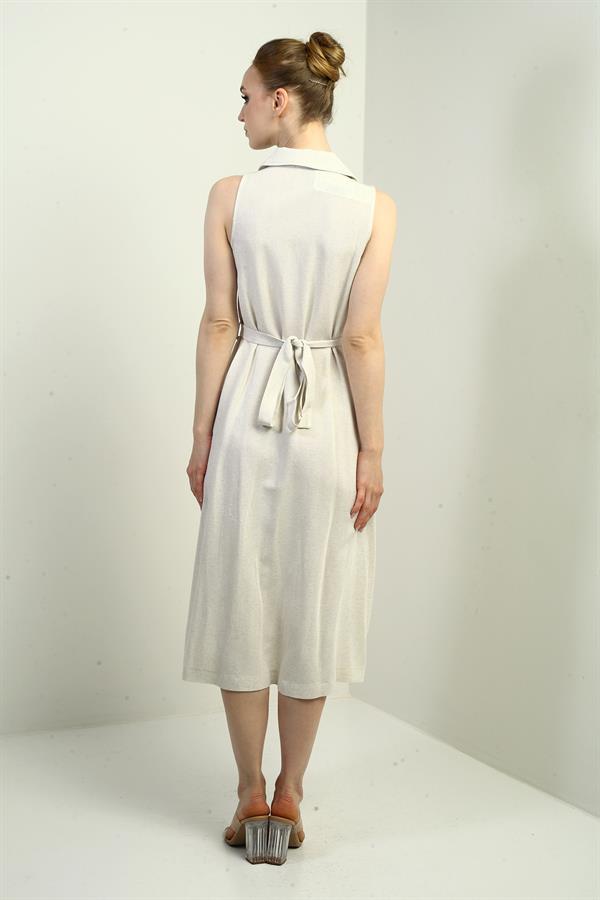 Kadın Polo Yaka Ön Pile Düğme Detaylı Midi Keten Elbise