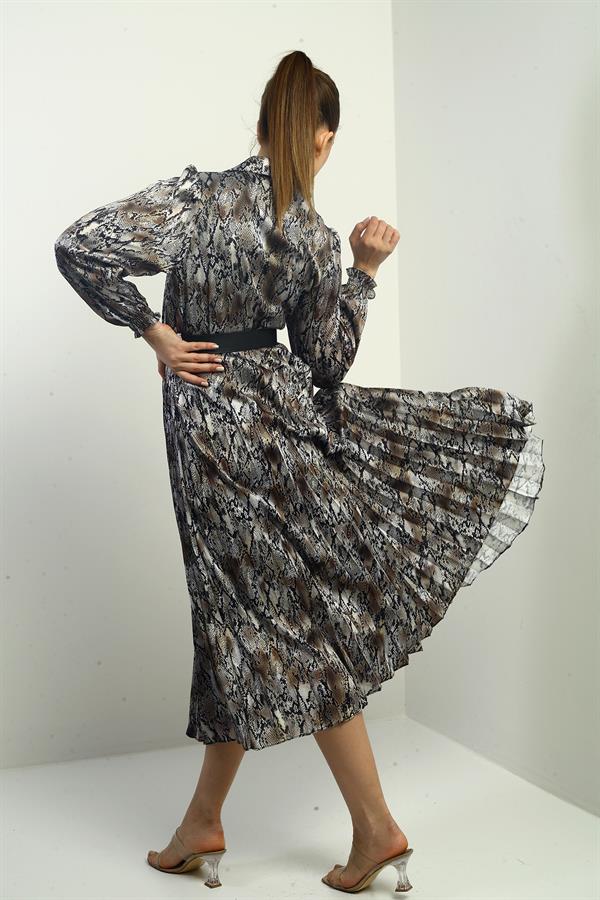 Women's Half-Front Button-Down Belted Lined Snake Pattern Pleated Midi Satin Dress