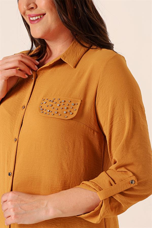 Button-Front Truvakar Sleeve Plus Size Ayrobin Long Tunic with Pearl Details
