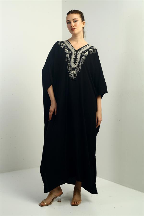 Women's V-Neck Embroidered Pocket Oversize Long Dress
